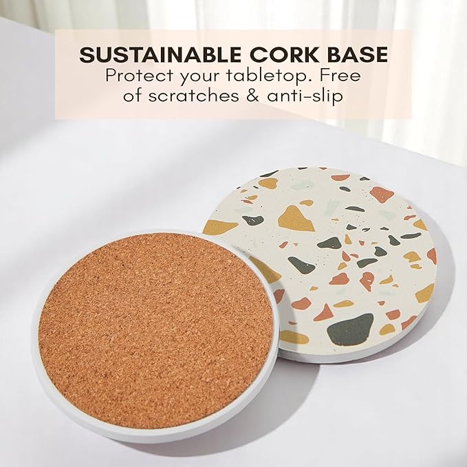 Terrazzo Coasters Set of 6, Ceramic Absorbent Drink Coasters, Cute Mid Century Boho Coaster, Coffee Table Desk Decor, Colorful Stone Coaster for Drinks
