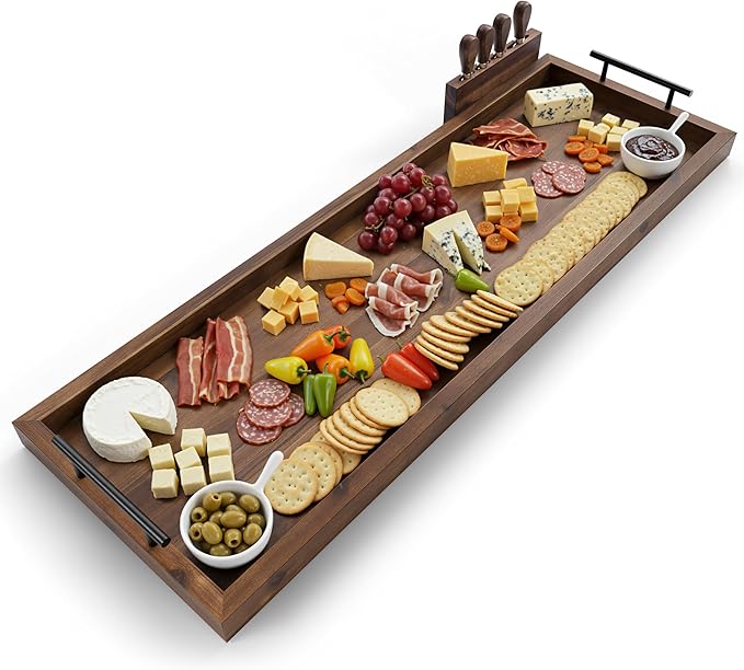 TIDITA Acacia Large Charcuterie Boards for Party with Cheese Knife Set of 4 – Acacia Wood Serving Tray with Handles, Long Charcuterie Board, Wooden Cheese Board (Walnut Color, 36 Inch)