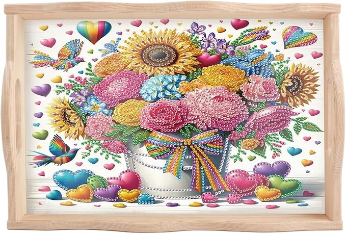 DIY Diamond Serving Tray Rectangular Breakfast Tray with Handle Handmade Diamond Art Painting Wooden Tray for Dinner Plate Coffee Room Living Home Organizer-Bouquet