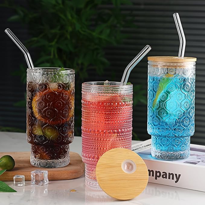16oz Glass Cups with Lids and Straws, 4 Pack Vintage Drinking Glasses Tumblers Begonia Flower Iced Coffee Cups for Kitchen, Home, Office, Gifts