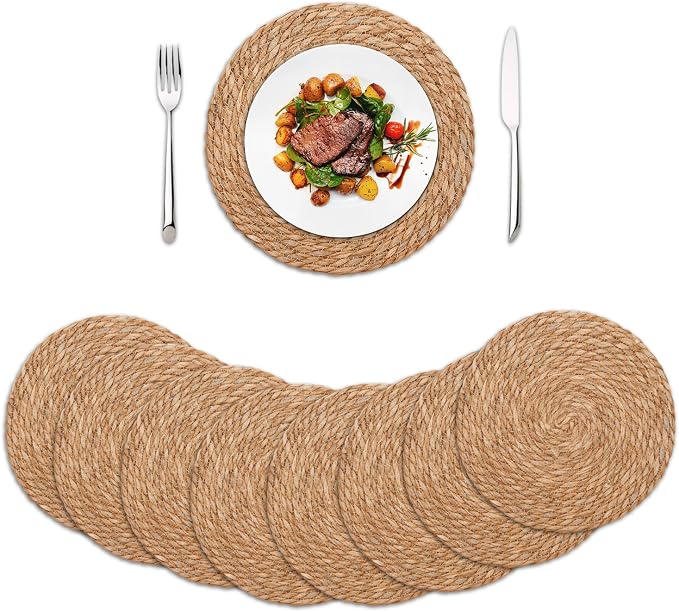 Round Woven Placemats Set of 8, 13.7 Inch Boho Farmhouse Rattan Placemats Rustic Braided Wicker Table Place Mats Chargers for Dinner Plates