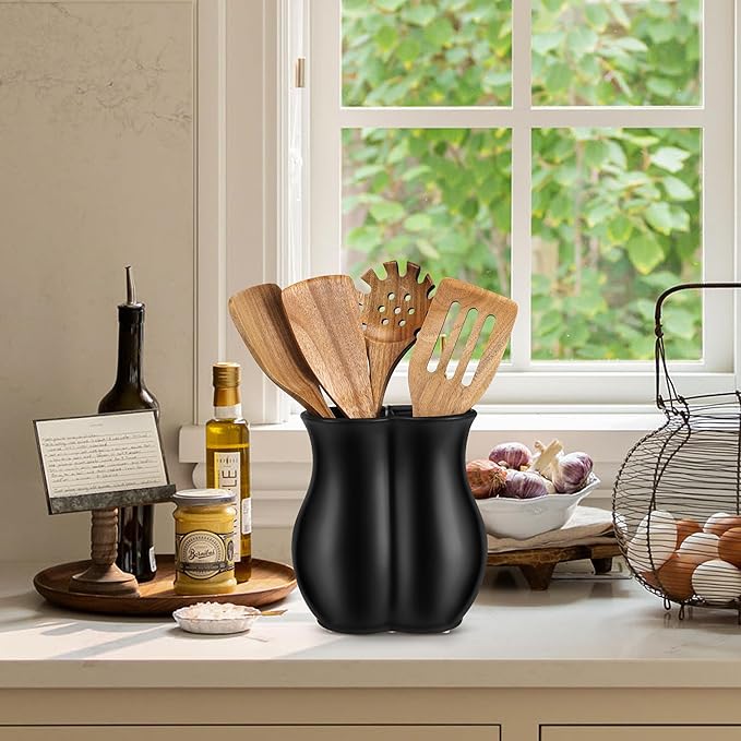 2026 Upgraded Vintage Kitchen Utensil Holder - Ceramic Utensil Crock Dual Compartment Curved, Modern Countertop Organizer for Farmhouse/Rustic Kitchen Decor(Matte Black)