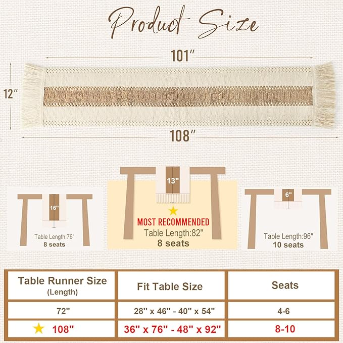 OurWarm Splicing Burlap Table Runner Farmhouse Style, Boho Table Runner Modern Farmhouse Decor Rustic Woven Cotton Crochet Lace for Bohemian, Rustic, Wedding, Bridal Shower, Dinner, 108 inch