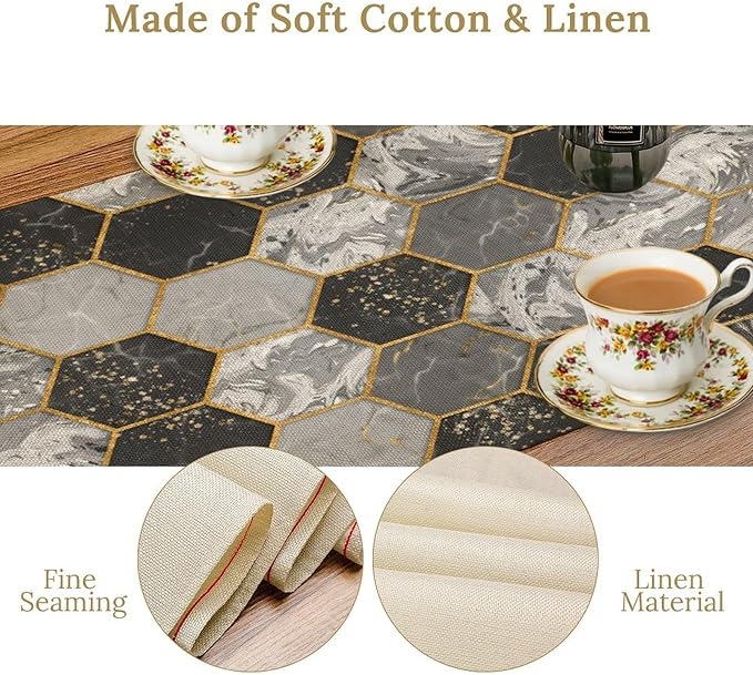 Marble Table Runner, Grey Black and Gold Abstract Geometry Hexagon Modern Luxury Texture Printed Linen Table Runners for Home Farmhouse Kitchen Dining Room Party Holiday Decor 13" W x 120" L