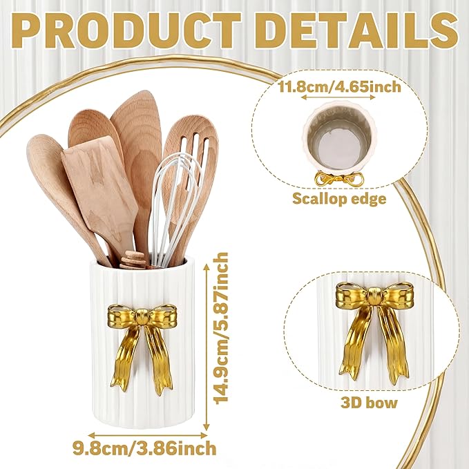 LemonRoad Gold Bow Ceramic Utensil Holder 3D Handmade Gold Kitchen Decor Gifts Cooking Utensil Crock with Scalloped Preppy Caddy Pen Holder Vase Vintage Retro Graduation Gift for College Students