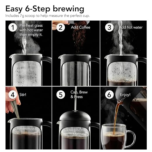 OVENTE French Press Coffee Maker 20 Ounce with Heat Resistant Borosilicate Glass & Stainless Steel 4-Level Filtration System, Portable Cold Brew Coffee Maker for Travel, Camping or Gift, Black FPB20B