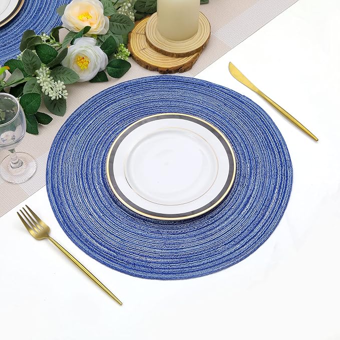 SHACOS Round Braided Placemats 15 inch Set of 4 Washable Cotton Polyester Braided Kitchen Table Placemats for Home Wedding Party (Blue White, 4)