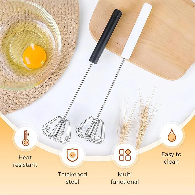 Stainless Steel Semi-Automatic Whisk, New Stainless Steel Egg Whisk Hand Push Spinning Whisk, Versatile Egg Whisk Stirrer Tool for Making Cream, Whisking (Silver, 10inch)