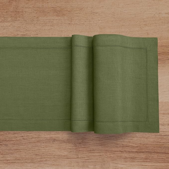 Solino Home Linen Olive Table Runner 72 Inches Long - 100% Pure Linen Hemstitch Table Runner 14 x 72 Inch for Dresser, Dining - Classic Hemstitch