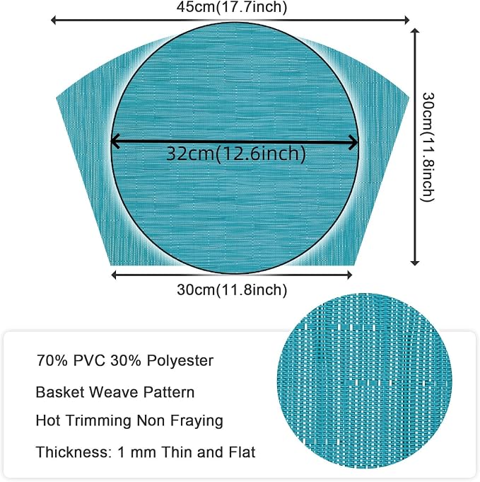 SHACOS Small Round Table Placemats Set of 5 Woven Vinyl Wedge Placemats with Centerpiece Round Table Mats Heat Resistant Wipe Clean (5, Teal Blue)