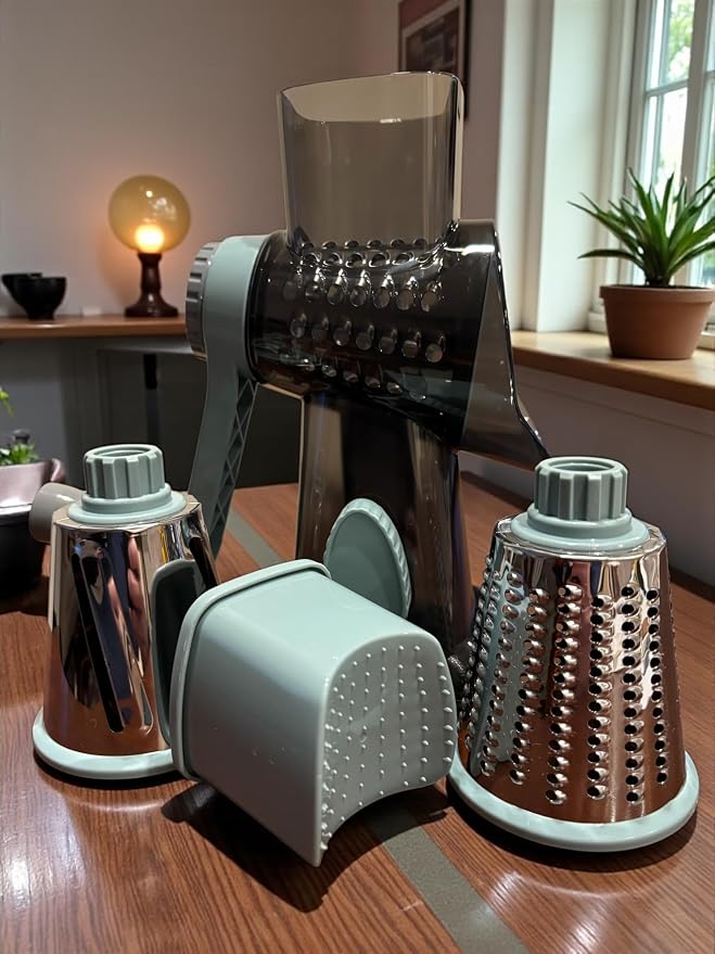 Rotary Cheese Grater | Hand Crank Grates Cheese, Vegetables, Nuts and Chocolate | 3 Stainless Steel Blades | Strong Suction Base | Easy to Clean | One Piece Body | Charcoal Gray and Teal