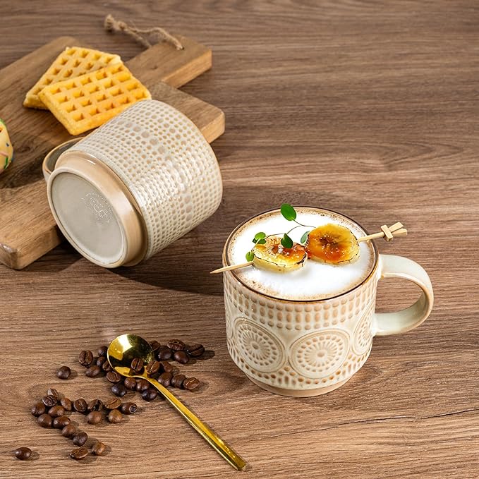 GBhome 16OZ Stackable Coffee Mugs, Ceramic Coffee Mugs with Texture Patterns for Man,Woman,Dad,Mom, Modern Coffee Mugs Set of 4 for Latte/Cappuccino/Cocoa. Dishwasher&Microwave Safe