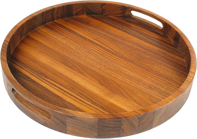 Virginia Boys Kitchens Round Serving Tray – 16.5 Inch Walnut Wood Platter with Handles - Perfect for Serving or Centerpiece Display on Ottoman and Coffee Table
