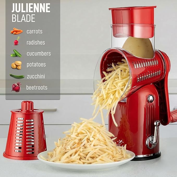 Zulay Kitchen Rotary Cheese Grater 5 Blade Cheese Shredder - Manual Hand Crank Cheese Grater With Reinforced Suction & 5 Interchangeable Drums - Easy to Use, Vegetable Chopper Round Mandoline Slicer