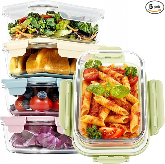 5 Pack 25oz Glass Meal Prep Containers with Air Vent Lids, Borosilicate Glass Food Storage Container with Snap Airtight Lids for Lunch, Food Prep, Microwave, Oven, Freezer & Dishwasher Safe, BPA-Free