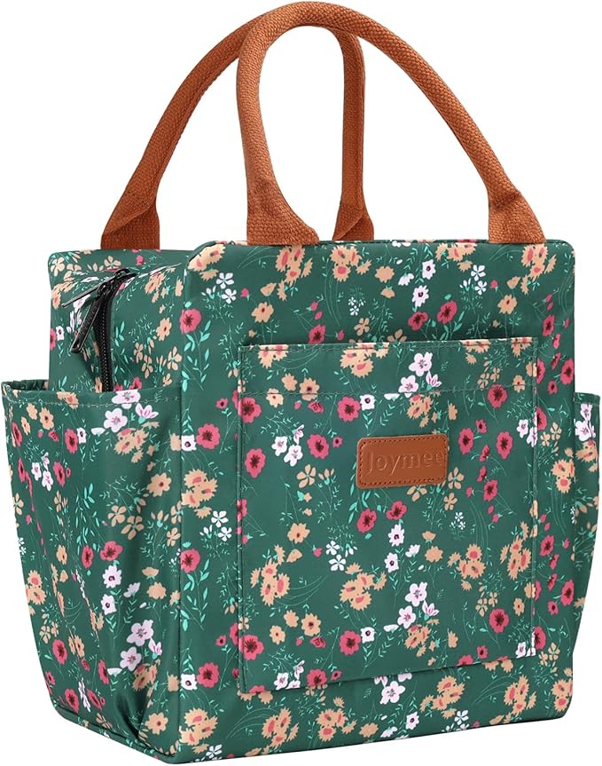 Joymee Insulated Lunch Bag for Women Reusable Leakproof - Green Floral | Spacious Storage, Bottle Holder & Pockets, Leakproof Insulated, for Work, Travel, Picnic, Daily Use, for Adult