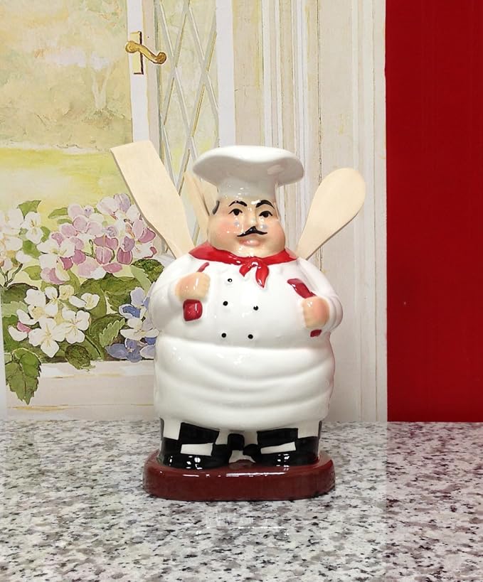 ACK Fat Chef Hand Painted Ceramic Utensil Jar, Utensil Holder, Modern Kitchen Decor, Kitchen Storage for Spoon, and More