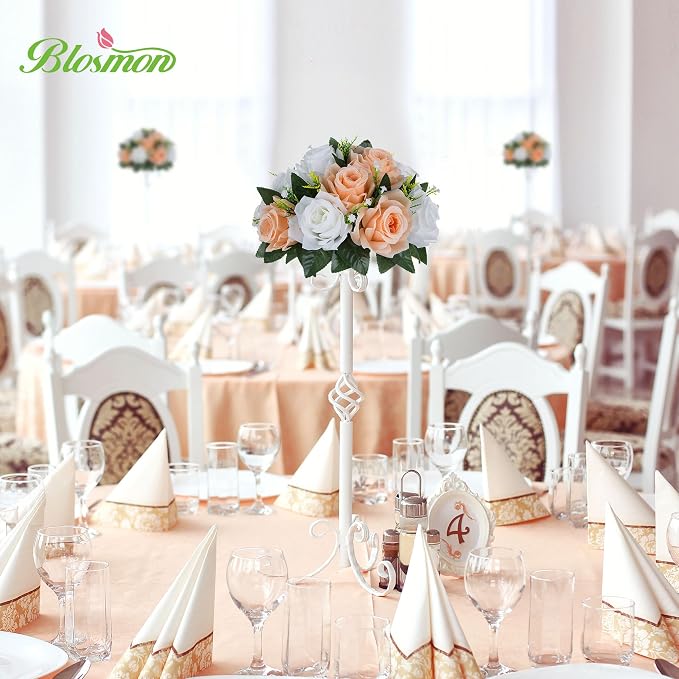 BLOSMON Flower Ball Centerpieces for Tables: 2pcs Peach Fuzz Fake Rose | 9.5 Inch Kissing Balls Floral Arrangement for Home - Artificial Silk Bouquet with Base Home for Wedding Party DIY Decoration
