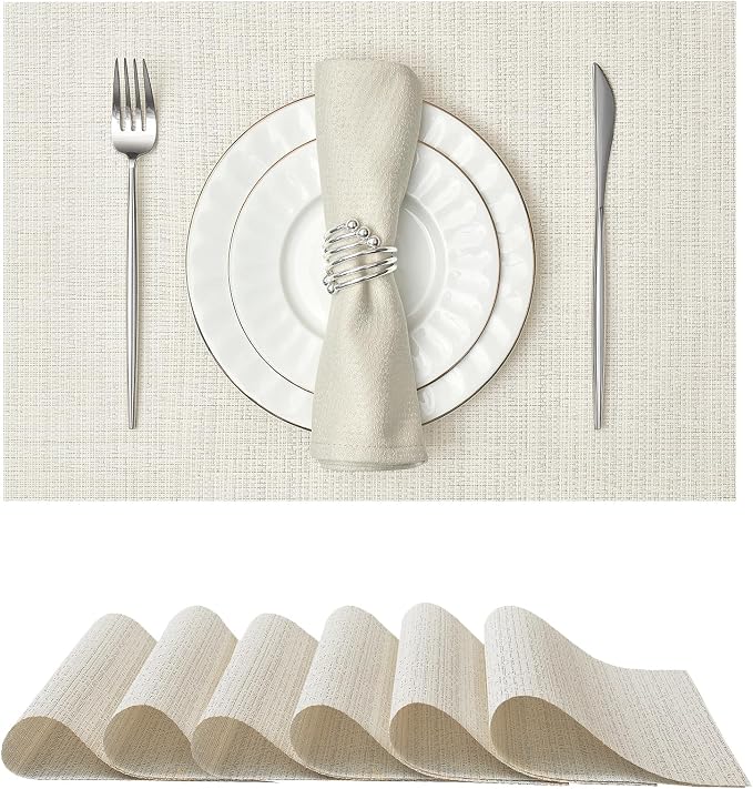 Leetaltree Sparkling White and Silvery Vinyl Woven Placemats Set of 6 - Durable - Washable - Wipeable Dining Table Place Mats, Suitable for Indoor & Outdoor Use - Hand-Cut