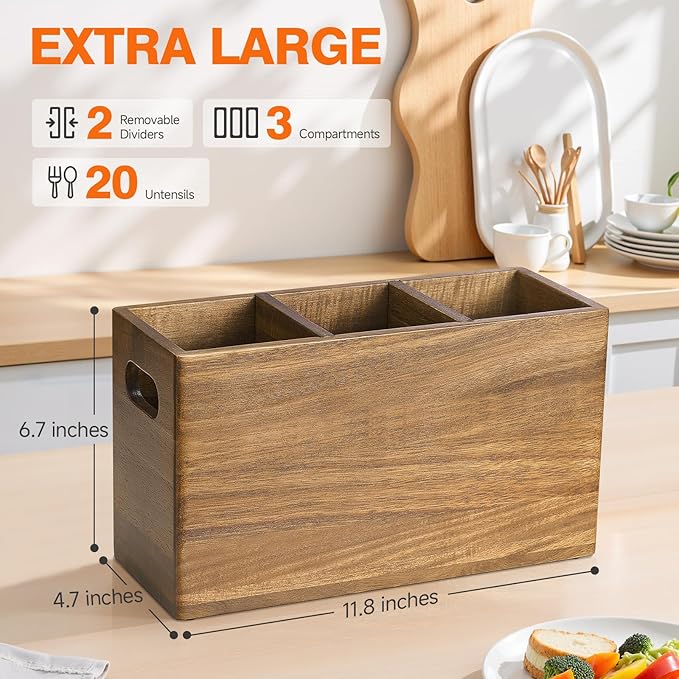 Wooden Utensil Holder Counter, Kitchen Utensil Organizer Large 3 Compartment Cooking Utensils Holder, Acacia Rustic Wood Farmhouse Storage Container Crocks for Silverware and Cooker Set