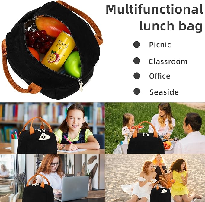 LEDAOU Lunch Box for Women Insulated Lunch Bag Corduroy Lunch Tote Bags Leakproof Cooler Lunch Case for Travel Work Picnic
