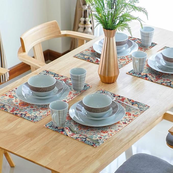 Ethnic Boho Placemats Set of 6 Southwest Orange Blue Teal Carpet Woven Texture Linen Washable Kitchen Dining Table Mats Stain Heat-Resistant Desktop Decor Place Mats for Home Party Indoor 12x18 inch