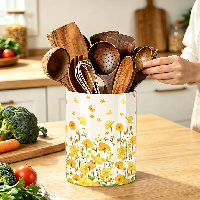 Yellow Flowers Utensil Holder, Ceramic Kitchen Utensil Holder, Utensil Crock for Home Kitchen Countertop Storage Organizer Container, Large Holder for Spatulas, Spoons, Kitchen Counter Decor, 6"