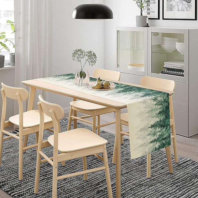 Forest Table Runner, Vintage Rustic Natural Green Watercolour Misty Pine Tree Grove Table Decor Table Top Dining Kitchen Wedding Party 13x70 in