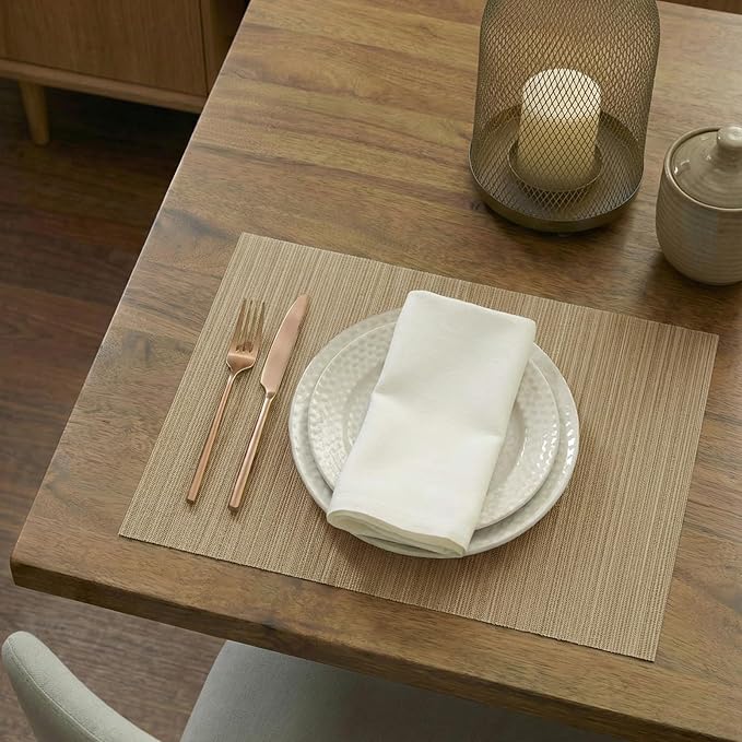 AHHFSMEI Placemats Set of 6 Woven Vinyl Non-Slip Heat Resistant Stain Resistant Easy Clean Place mats for Dining Table(Light Brown)