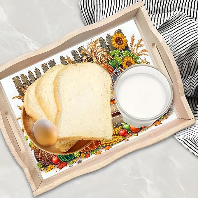 DIY Diamond Serving Tray with Handle Handmade Gem Painting Wooden Rectangular Breakfast Tray for Dinner Plate Coffee Room Living Home Organizer-Autumn Harvest