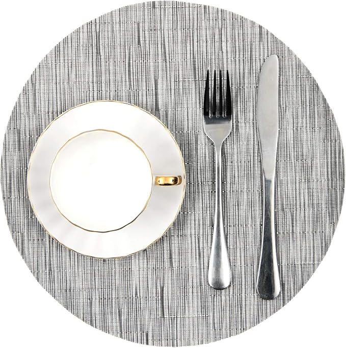 SHACOS Round Table Placemats Set of 5 Woven Vinyl Wedge Placemats with Centerpiece Round Table Mats Heat Resistant Wipe Clean (5, Silver Grey)