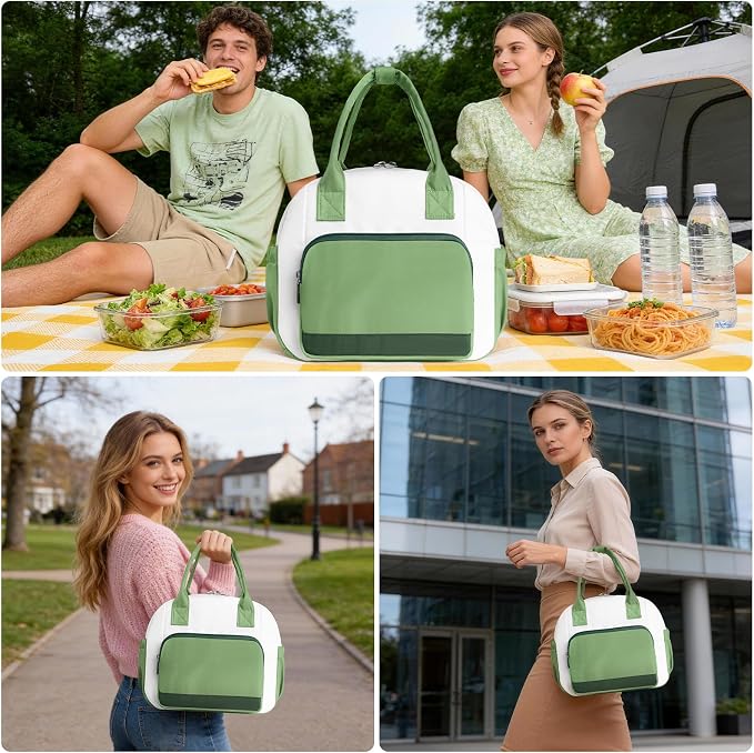 Stylish Color-blocked Lunch Bag for Women, Leakproof Lunch Box for Adult Girls, Large Capacity Reusable Lunch Box for Work Picnic Travel (Green with Off White)