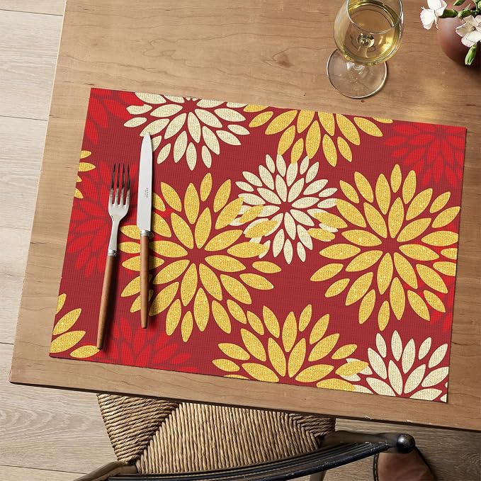 Artoid Mode Floral Vinyl Placemats Set of 4, 12x18 Inch New Year Washable Non-Slip Plastic Vinyl Place Mats for Party Kitchen Dining Decor, Red