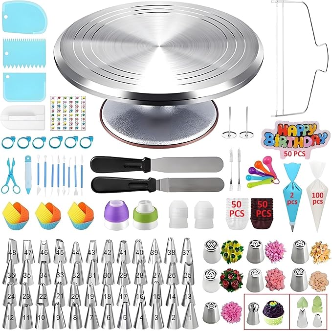 Cake Decorating Kit, 357 Pcs Baking Supplies Tools with Aluminium Cake Turntable, Leveler, 50 Icing Tips, 8 Russian+Ball Tips, 2 Spatulas, 3 Scrapers, 102 Pastry Bags, 109 Cupcake Liners & More