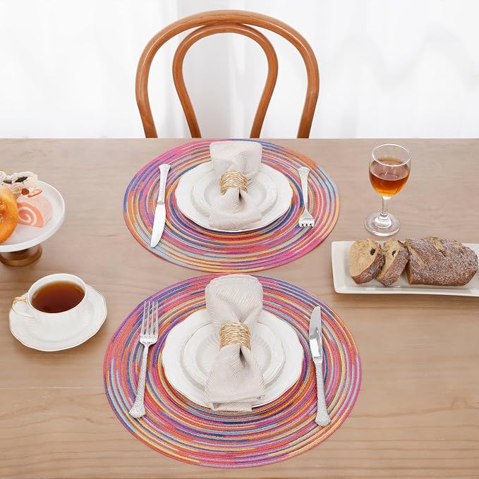 SHACOS 15 inch Round Placemats Set of 6 Variegated Multicolor Place Mats Cotton Polyester Braided Non Slip Washable Heat Resistant Table Mats for Home Wedding Dinner Party Table Decor, Rainbow Pink