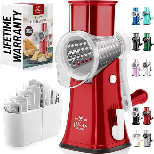 Zulay Kitchen Rotary Cheese Grater 5 Blade Cheese Shredder - Manual Hand Crank Cheese Grater With Reinforced Suction & 5 Interchangeable Drums - Easy to Use, Vegetable Chopper Round Mandoline Slicer