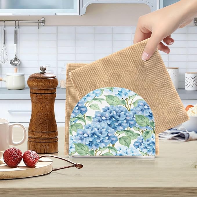 Blue Hydrangea Watercolor Flowers Napkin Holder for Tables Paper Cocktail Napkin Holders for Kitchen and Dinning, Acrylic Dinner Napkin Dispenser for Restaurant Home Decor Bar Accessories 2 Pack