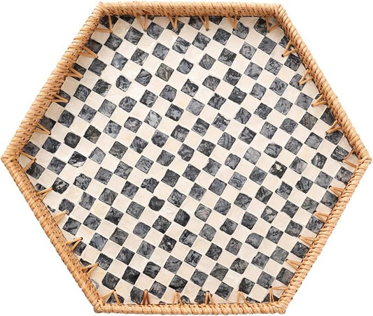 Hexagon Rattan Tray with Mother of Pearl Inlay, Rattan Serving Tray for Coffee, Bread, Fruits, Snacks, Decorative Wicker Tray for Table Decor, Home Decor (Black Checker, 14.5"×12.8")