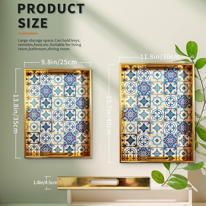 Morocco Gold Decorative Tray Set of 2, Plastic Serving Tray with Handles, Rectangular Coffee Table Tray, Nesting Trays for Living Room, Bathroom, Ottoman