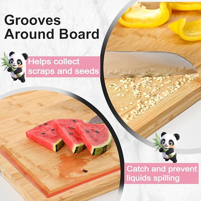 3Pcs Bamboo Cutting Boards for Kitchen, Healthy Wooden Cutting Boards for kitchen, Charcuterie, Vegetables, Cheese, Chopping Boards with Deep Juice Groove and Handle, Natural