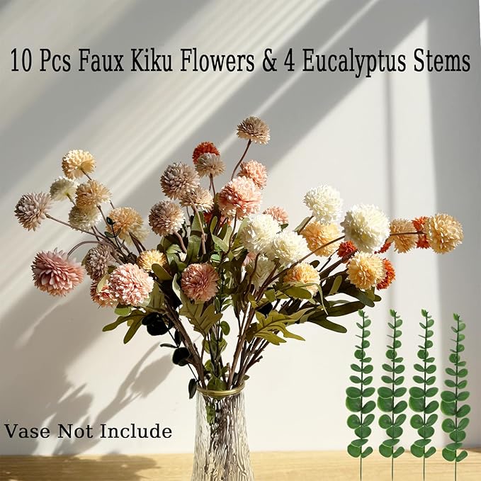 10pcs Faux Mixed Color Kiku Flowers, 5 Heads Each Stem & 4 Branches Eucalyptus Stems, Artificial Small Mini Chrysanthemum Flowers for Aesthetic Room Decor, Floral Arrangements Centerpiece