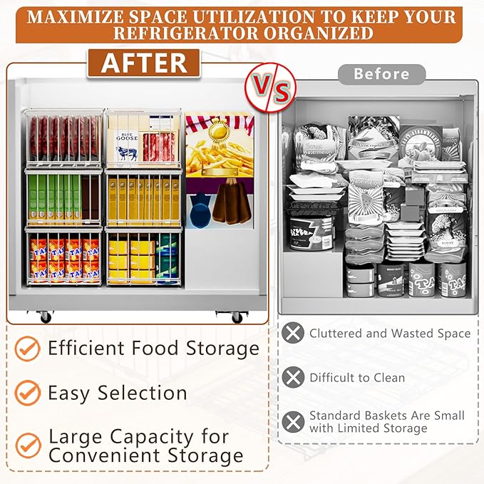 Large Freezer Organizer Bins, Upgrade One-Touch Open/Close, for 5-9 Cu.Ft Deep Freezer, 4 Pack Stackable Deep Freezer Organizer Bins, Black Wire Foldable Baskets White 4 Pack