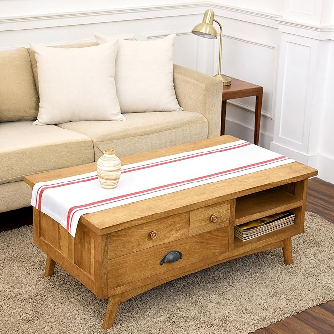 Solino Home Linen Table Runner 60 Inches - 100% Pure Linen Red and White French Stripe Table Runner 14 x 60 Inch Ideal for Dresser and Coffee Tables - Spring, Summer, 4th of July