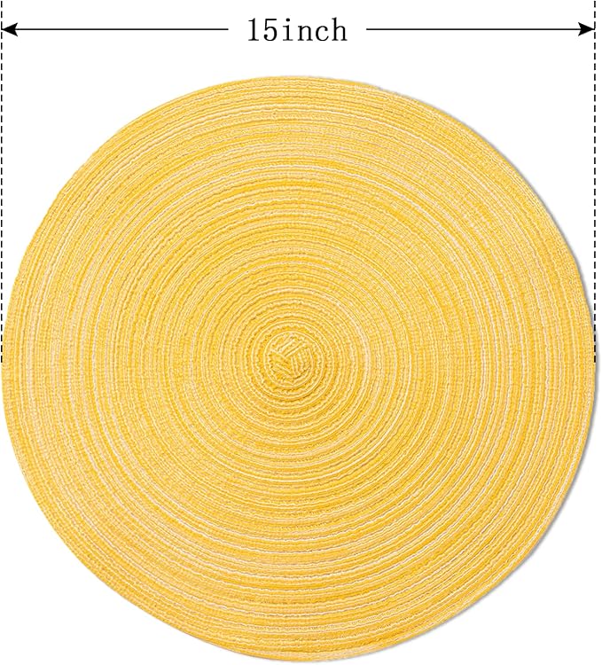 FunWheat Round Braided Placemats Set of 4 Place mats for Dining Tables Woven Heat Resistant Table Mats 15 inch (E Yellow, 4pcs)