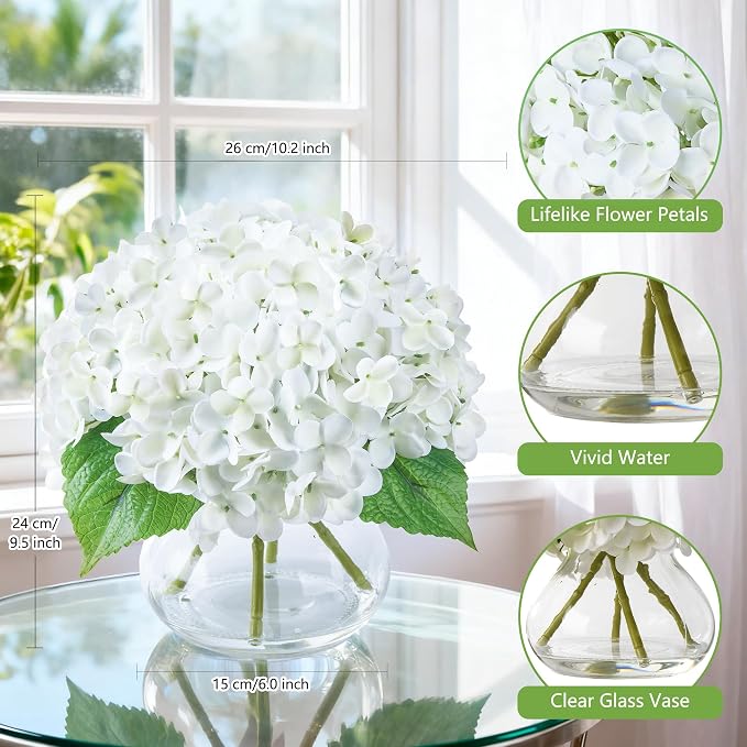 Artificial Hydrangea Flowers Arrangements in Glass Vase for Home Decoration, Faux Hydrangea Flowers for Floral Arrangements with Faux Water Wedding Bouquets Kitchen Table Centerpiece Decor