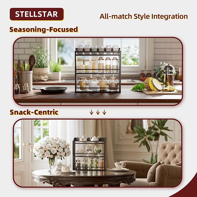 STELLSTAR 3 Tier Bamboo Wood Spice Rack, Seasoning Bottles Jars Organizer Shelf for Spices or Craft Supplies, Kitchen Counter or Wall Mounting (Brown)
