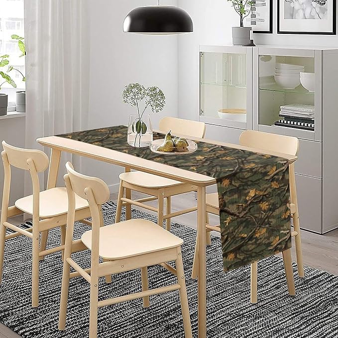 Camouflage Tree Table Runner, Vintage Country Aged Camouflage Nature Hunting Maple Leafs Table Decor Table Top Dining Kitchen Wedding Party 13x70 in