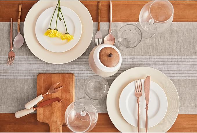 Solino Home Stripe Linen Table Runner 72 Inches Long - 100% Pure Linen White and Natural Farmhouse Table Runner 14 x 72 Inch for Dining, Dresser, Summer
