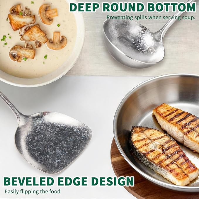 Newness Soup Ladle and Solid Turner, [Rustproof, Heat Resistance] Resilient Pure Titanium Soup Spoon and Turner with Long Ergonomic Natural Wooden Round Handle, Non-Toxic Cooking Spoon for Kitchen