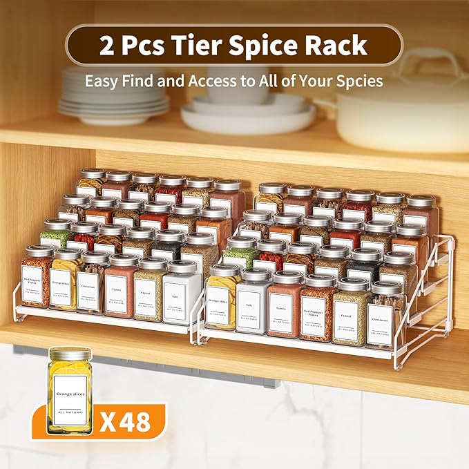 BOIVSHI Spice Organization for Cabinet, Spice Rack Organizer, Spice Rack Organizer for Cabinet, Depth Adjustable Seasoning Organzier Organizer for Cabinet, Countertop, Pantry, Metal, White (2 Pack)